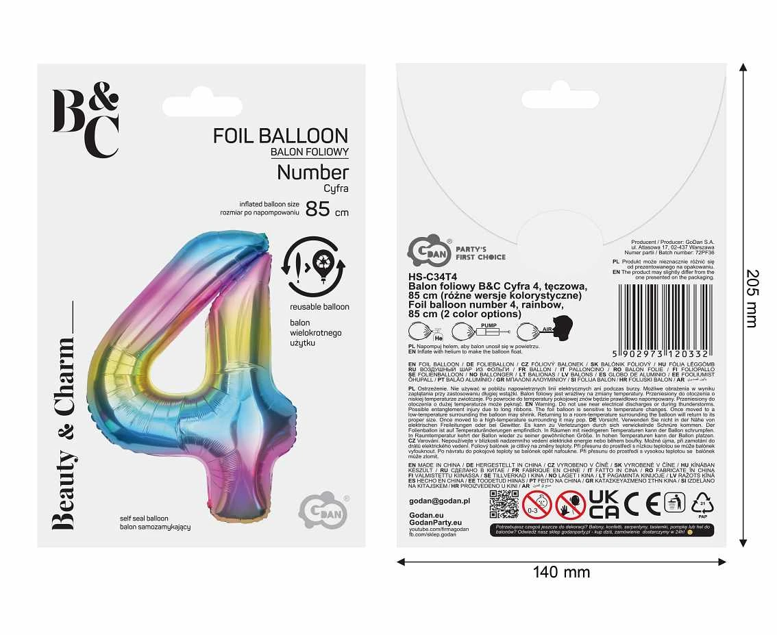 Balon foliowy B&C Cyfra 4, tęczowa, 85 cm  AA